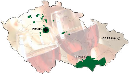 Mapa regionw, w ktrych uprawiane s winogrona i produkowane wino w Czechach i przede wszystkim na Morawach.